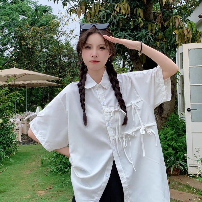 Áo Sơ Mi Tay Ngắn Dáng Rộng Cổ POLO Phối Dây Rút Thời Trang Mùa Hè Mới Cho Nữ