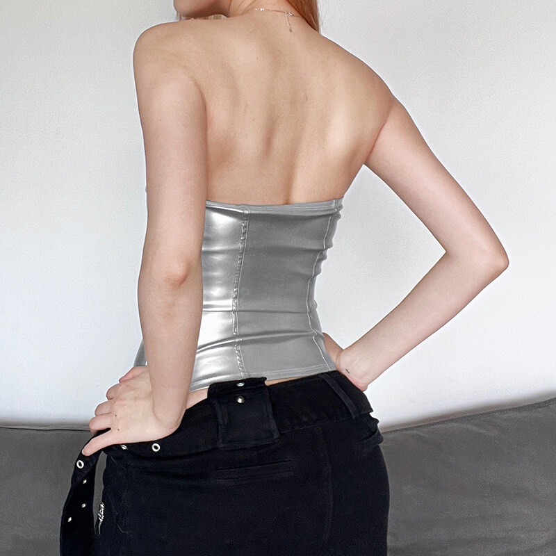 Weird Puss Áo Ống Bằng Da PU Bóng Thời Trang Đường Phố Mùa Hè Cá Tính Dành Cho Nữ