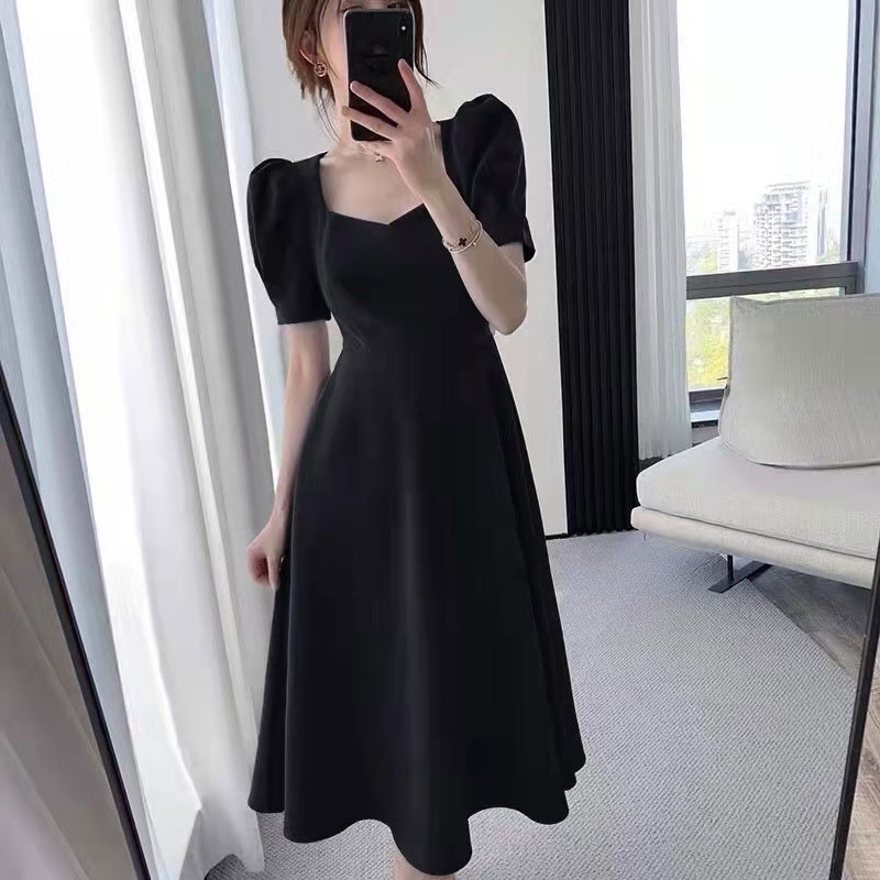 DUOHANZI  Đầm Đen Tay Phồng Cổ Vuông Thắt Nơ Hở Lưng Phong Cách Hepburn Pháp Cho Nữ