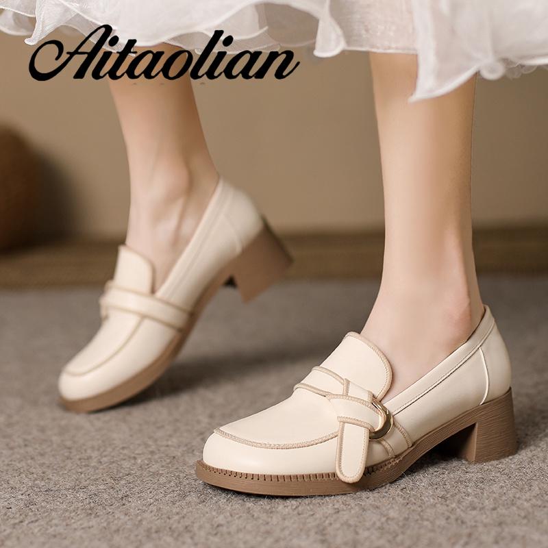 Giày Cao Gót 4.5cm Da Mềm Mũi Tròn Phong Cách Retro Anh Quốc