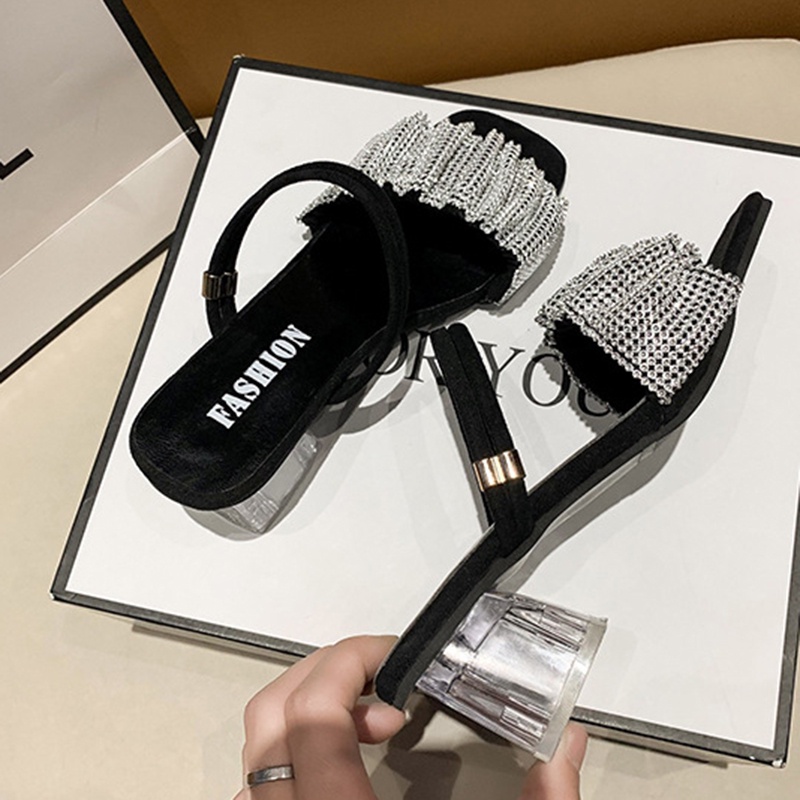 Xăng đan Cao Gót Mũi Vuông Đính Đá Phong Cách Hàn Quốc Cho Nữ