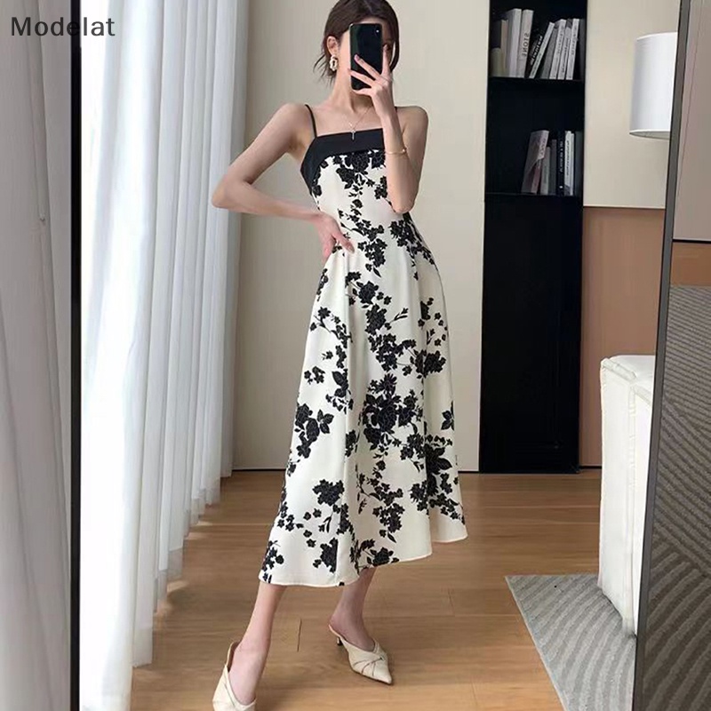 Đầm Midi Hai Dây Dáng Chữ A In Hoa Thời Trang Cho Bạn Gái