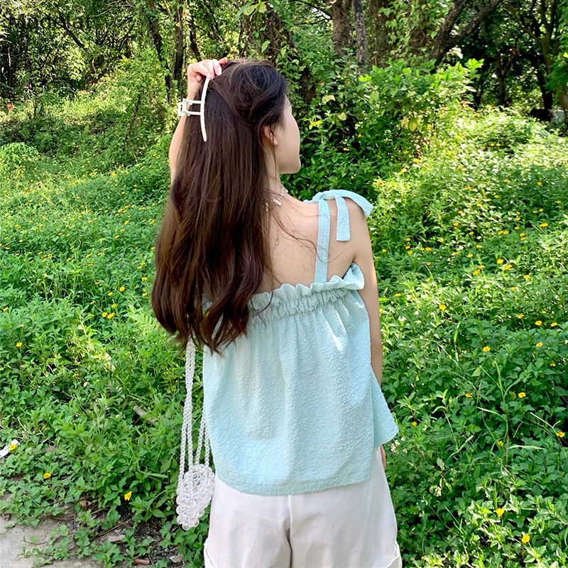 Áo Hai Dây Mùa Hè Dáng Suông Cột Nơ Màu Trơn Ngọt Ngào Cho Nữ