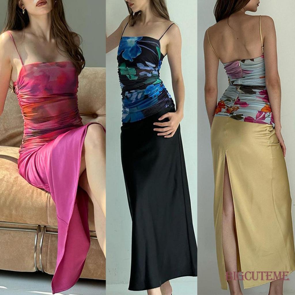 Đầm Hai Dây Dáng Dài Họa Tiết Hoa Hở Lưng Xẻ Tà Thời Trang Mùa Hè Cho Nữ