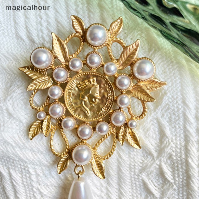 Trâm Cài Áo Hình Giọt Nước / Lá Cây Đính Ngọc Trai Màu Vàng Phong Cách Baroque Cổ Điển Sang Trọng Thời Trang Cho Nữ