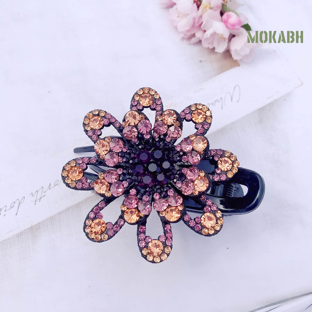 Kẹp Tóc Ba Răng Chống Trượt Họa Tiết Hoa Đính Đá Lấp Lánh Thanh Lịch