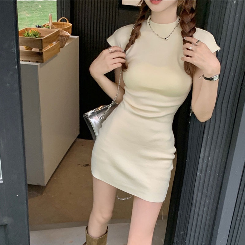 Đầm nữ YEYA tay ngắn cổ tròn màu trơn phong cách Hàn Quốc thời trang mùa hè