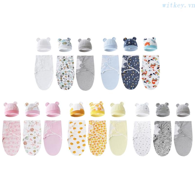 Set 3 Chăn Quấn Kèm Nón Mềm Mại In Họa Tiết Hoạt Hình Cho Bé Sơ Sinh
