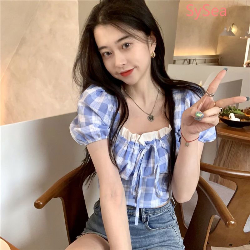 Áo Kiểu Tay Phồng Cổ Vuông Họa Tiết Sọc Caro Thời Trang Mùa Hè