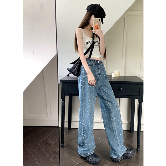NZN Quần jeans Nữ Lưng Cao Ống Rộng Thời Trang Hàn Quốc Cá Tính