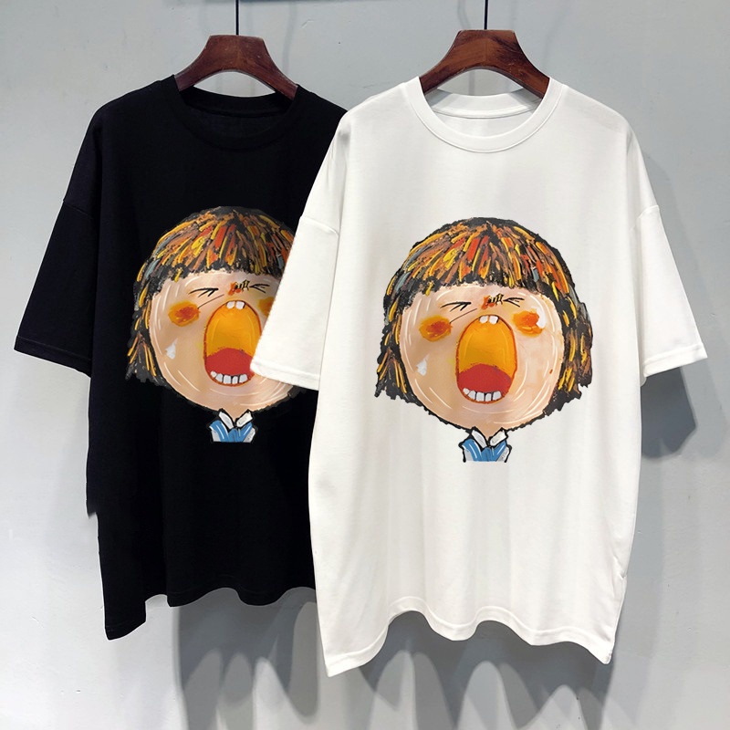 Áo Thun 100% Cotton Tay Ngắn Cổ Tròn In Họa Tiết Phong Cách Hàn Quốc Cho Nữ