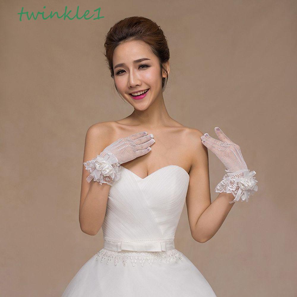 Găng Tay Cô Dâu Vải Ren Co Giãn Đính Nơ Toàn Diện