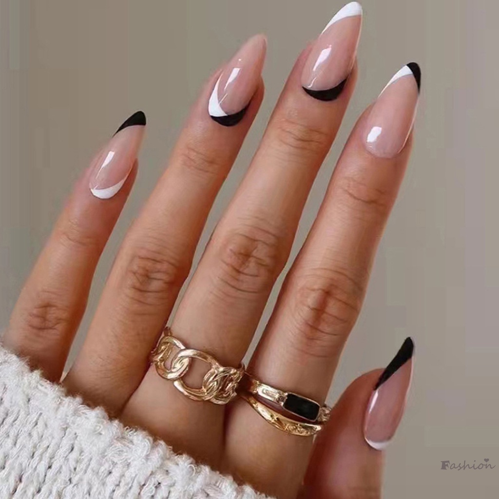 Bộ Móng Tay Giả Hình Giọt Nước Màu Trắng Đen Kết Cấu Mịn Màng Không Bong Tróc