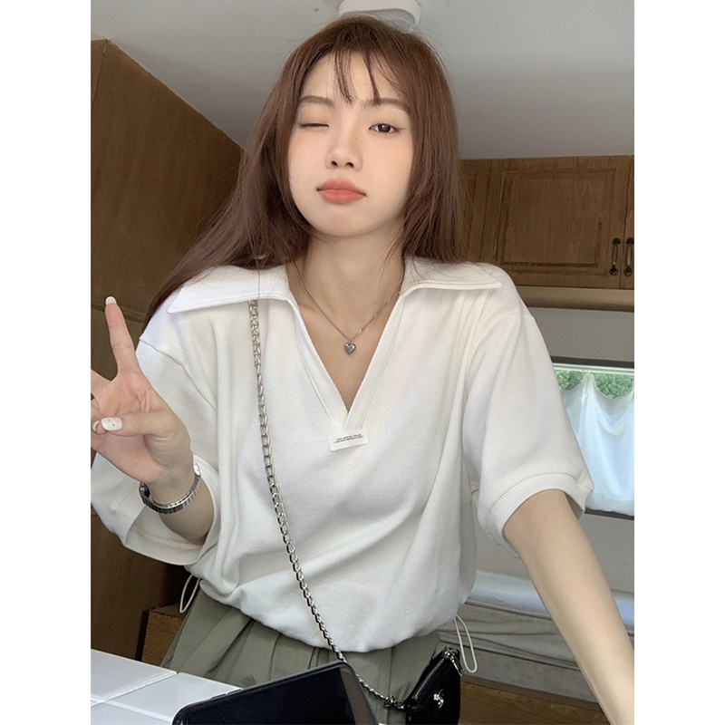 Áo Thun Polo Tay Ngắn Chất Liệu Cotton Phong Cách Hàn Quốc Thời Trang Cho Nữ