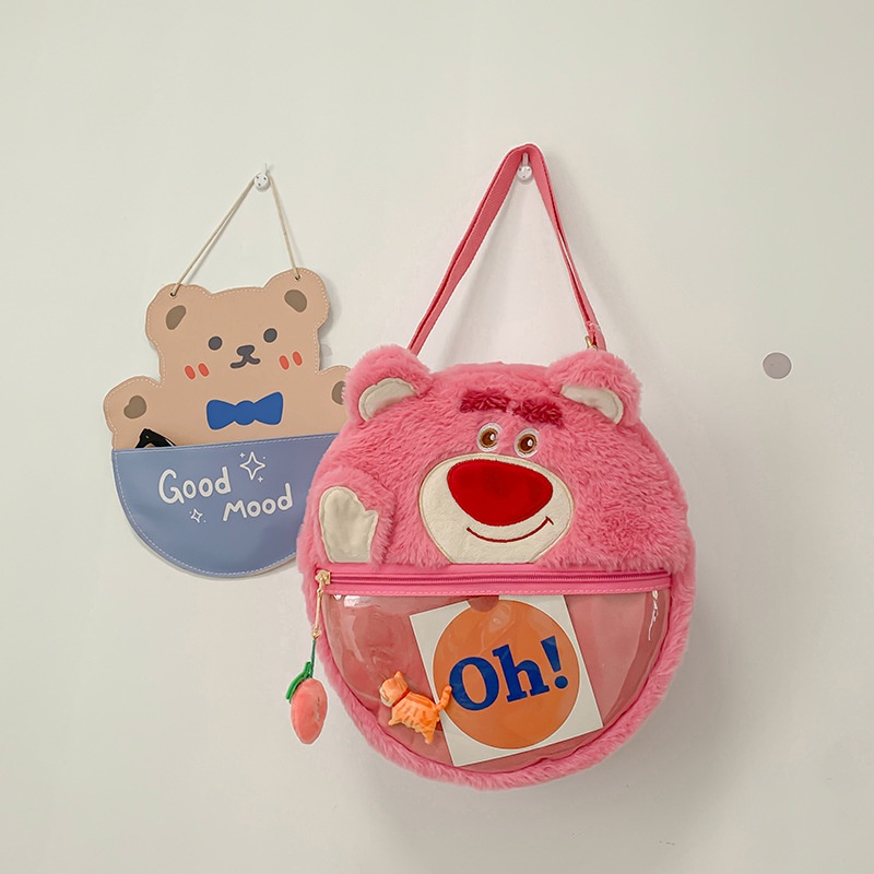 Alphaz Túi Đeo Chéo Trong Suốt Phối Lông Xù Kiểu Hoạt Hình Gấu Dâu Tây Đáng Yêu