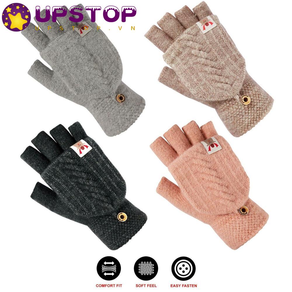 Đôi Găng Tay Len Hở Ngón Phối Lông Xù Ấm Áp Cho Nữ