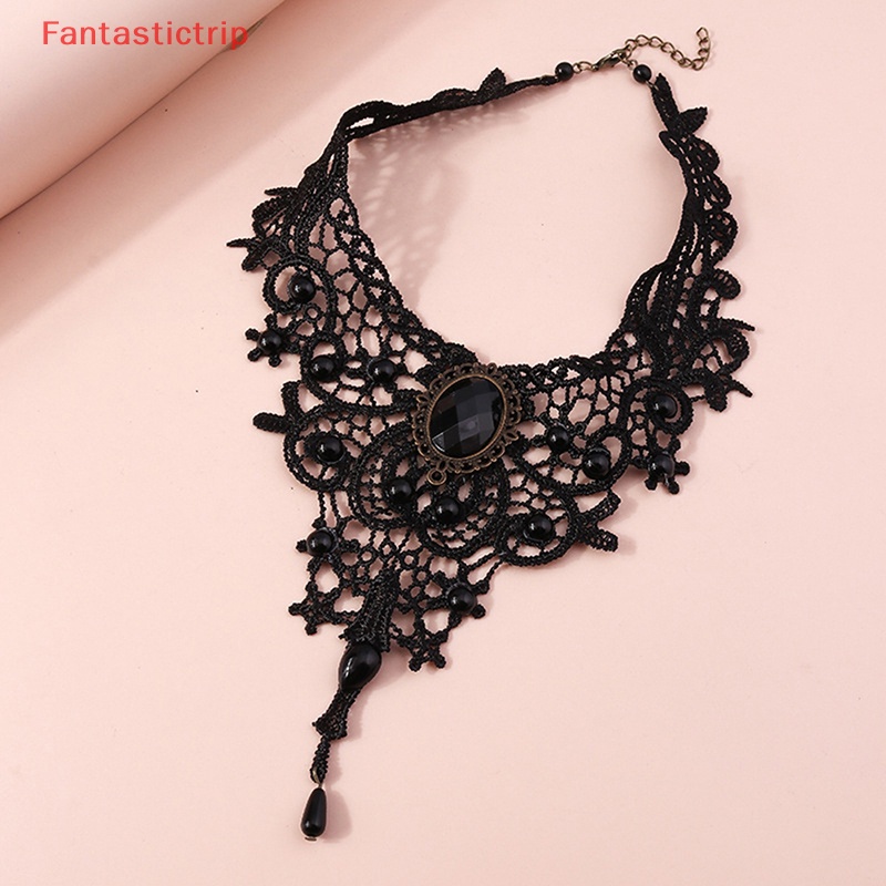 [Fantastictrip] Vòng Cổ Choker Ren Đen Đính Hạt Đá Quý Quyến Rũ Phong Cách Gothic Quà Tặng Đẹp Cho Phụ Nữ