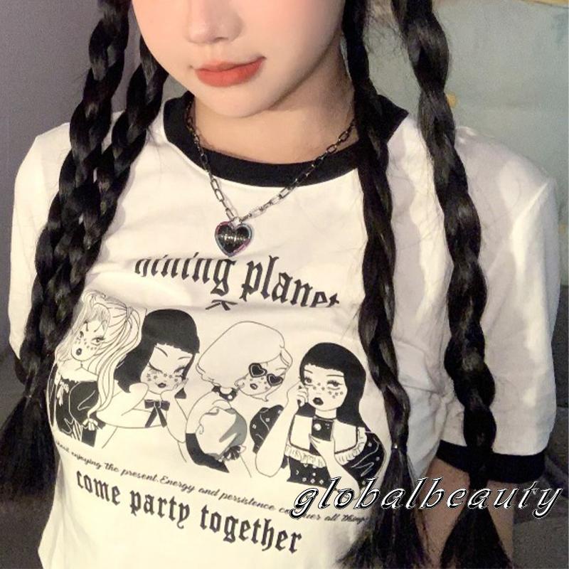 Áo Thun Crop Top Tay Ngắn Cổ Tròn In Họa Tiết Hoạt Hình Thời Trang Mùa Hè Cho Nữ