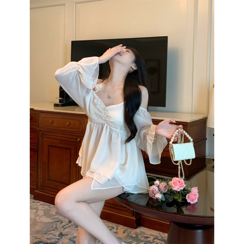 Áo Sơ Mi Chiffon Trễ Vai Phối Bèo Phong Cách Pháp