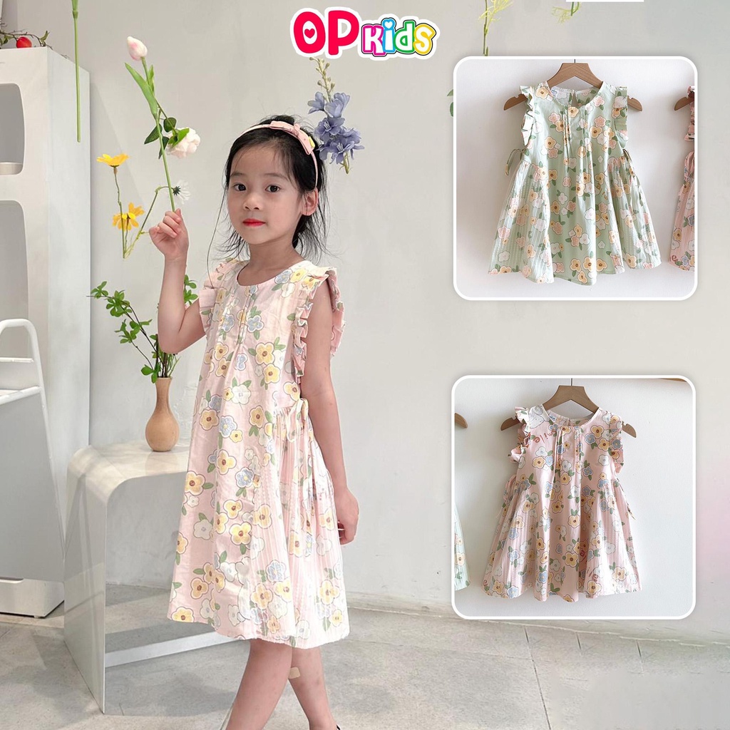 Váy sát nách phối ren 1174 cho bé gái 2 màu xanh bơ - hồng phấn, đầm bé gái công chúa op kids đáng yêu