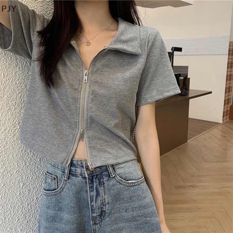 Áo Crop Top Tay Ngắn Có Khóa Kéo Đôi Màu Trơn Thời Trang Mùa Hè Dành Cho Nữ PJ