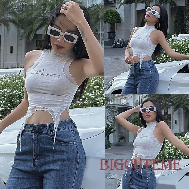 [] - Áo Thun Không Tay Cổ Lọ Đính Kim Sa Chữ Cái Thời Trang Đi Hộp Đêm Cho Nữ