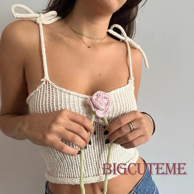Áo Croptop Dệt Kim Không Tay Màu Be Trang Trí Hoa Hồng Thời Trang Mùa Hè Cho Nữ