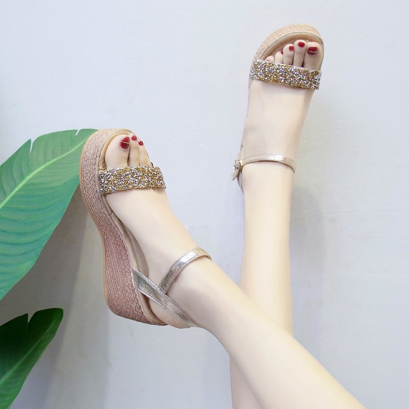 Dép Sandal Đế Xuồng Dày Đính Đá Thời Trang Mùa Hè Hàn Quốc Cho Nữ 02586