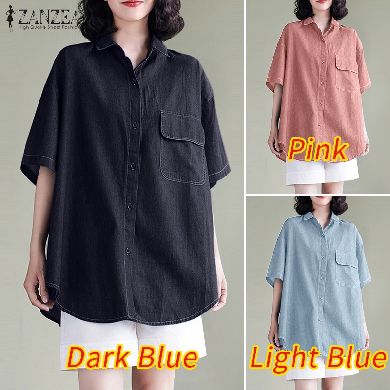 ZANZEA Áo Sơ Mi Tay Ngắn Có Túi Cài Nút Thời Trang Hàn Quốc Cho Nữ
