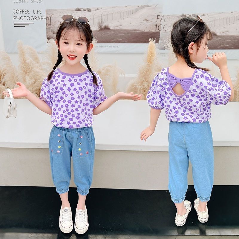 Áo Thun Cotton Ngắn Tay Màu Trơn Đính Nơ Họa Tiết Hoa Phong Cách Phương Tây Thời Trang Mùa Hè Mới Cho Bé Gái