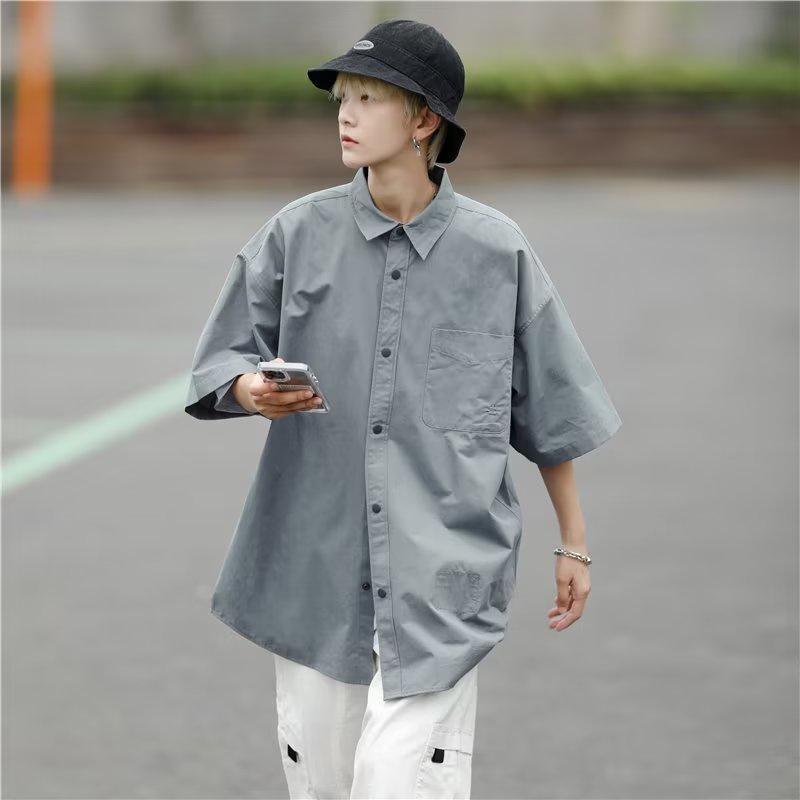 Áo Sơ Mi Ngắn Tay Dáng Rộng Màu Trơn Thời Trang Mùa Hè Hàn Quốc Giản Dị Dành Cho Nam