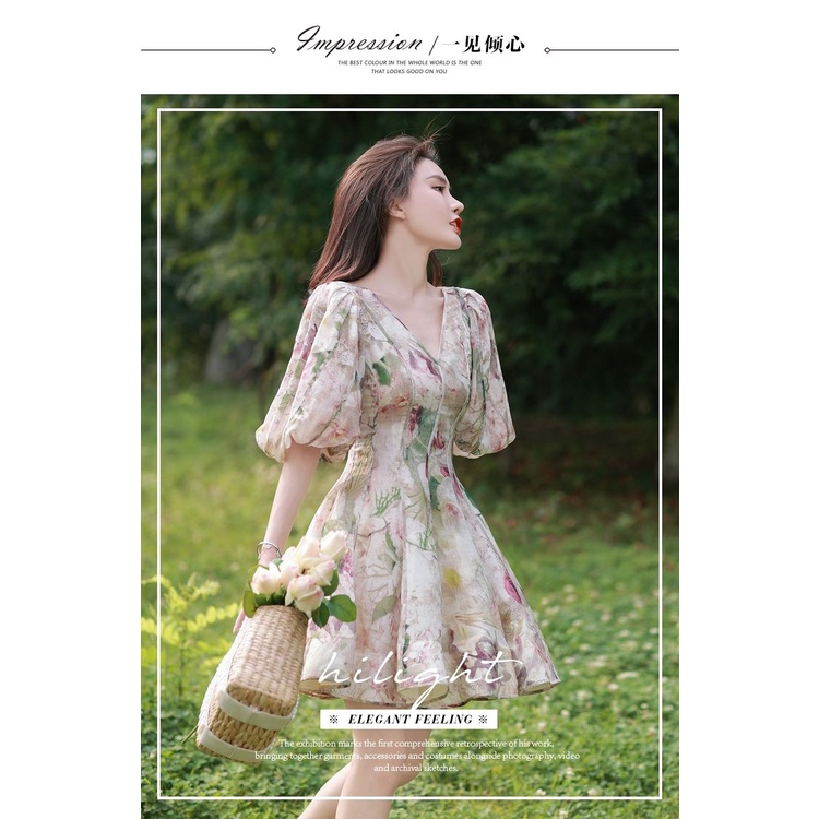 Đầm Hoa Cổ Chữ v Tay Phồng Thời Trang Mùa Hè Pháp 2023 Mới Cho Nữ