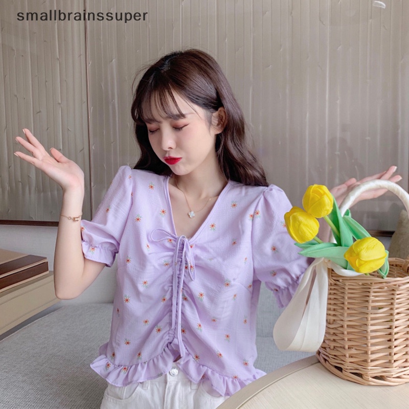 Áo Croptop Chiffon Tay Phồng Cổ Chữ V Phối Dây Rút In Họa Tiết Hoa Thời Trang Cho Nữ SBS