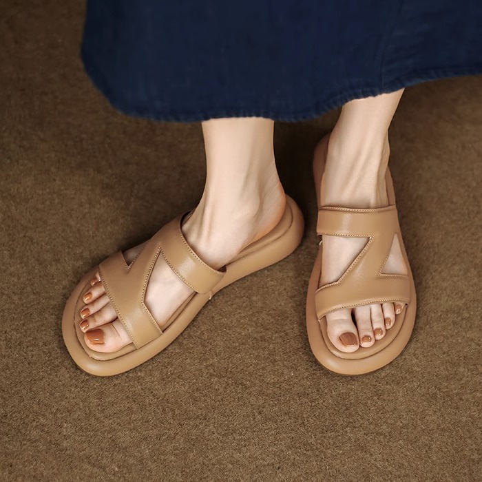 Dép Đế Dày Hở Ngón Mũi Tròn Màu Sắc Trơn Phong Cách Pháp Cổ Điển Thời Trang Cho Nữ