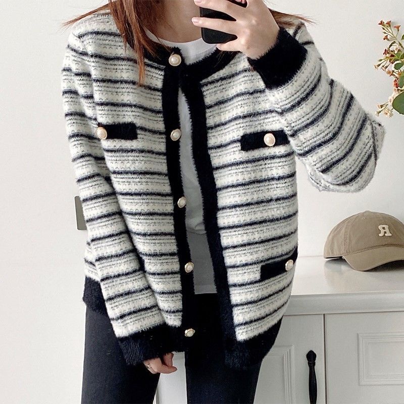 Áo Cardigan Cổ Tròn Tay Dài Họa Tiết Kẻ Sọc Thiết Kế Mới Thời Trang Dành Cho Nữ