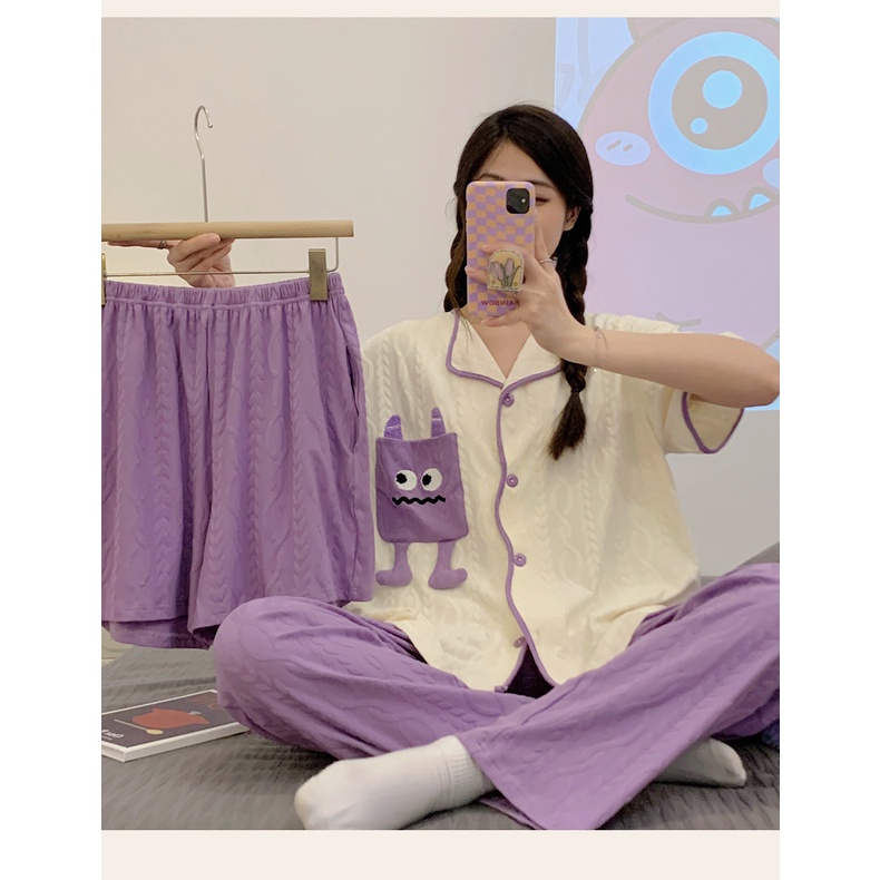 Bộ Đồ Ngủ Ba Món Áo Tay Ngắn Phối Quần Short In Hoạt Hình Thời Trang Xuân Hè Xinh Xắn Cho Nữ