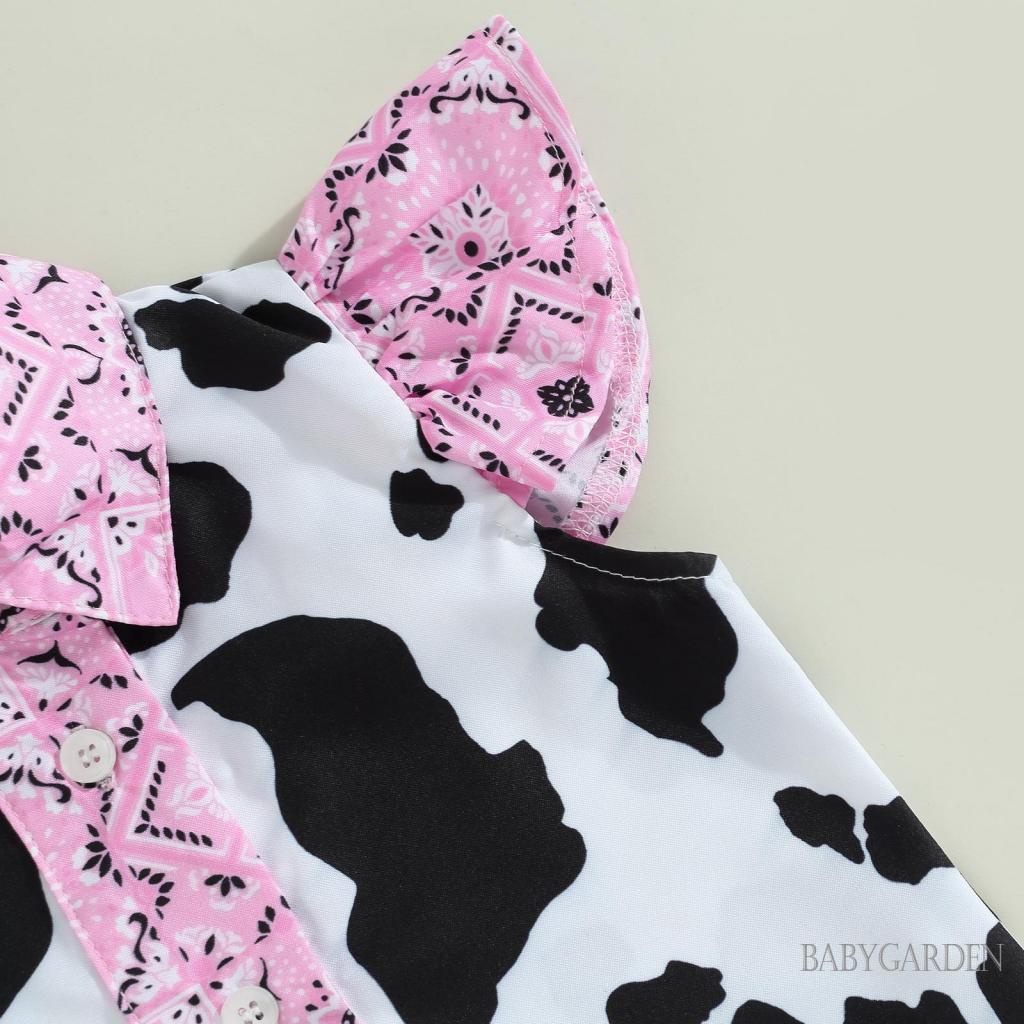 Set Áo Sơ Mi Tay Bèo Cổ Bẻ In Hình Bò Sữa + Quần Short Denim + Thắt Lưng Thời Trang Mùa Hè Cho Bé Gái 1-6 Tuổi