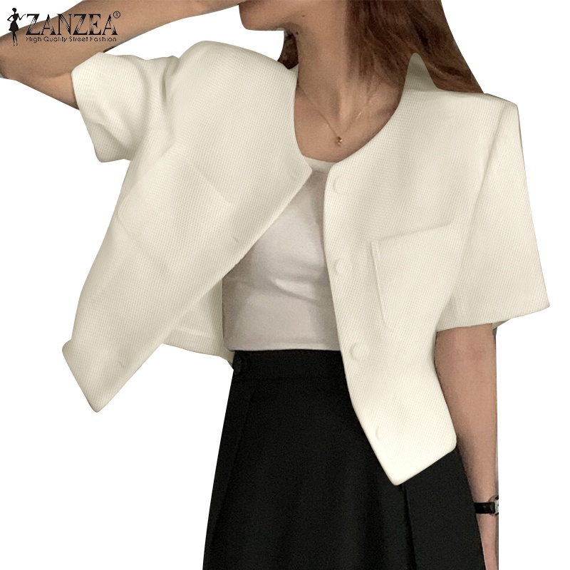 Zanzea Áo Khoác Nữ Ngắn Tay Cổ Tròn Có Túi Thời Trang Hàn