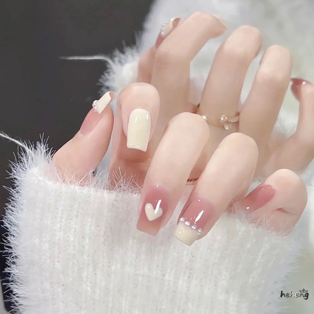 Móng Tay Giả Mỏng Dạng Nhấn Màu Hồng Trong Suốt Đính Ngọc Trai Dễ Sử Dụng