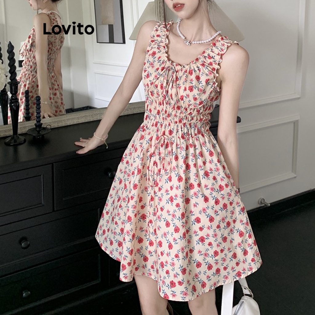 Đầm sát nách Lovito xếp ly họa tiết hoa xinh xắn cho nữ LNE12033 (màu hồng)