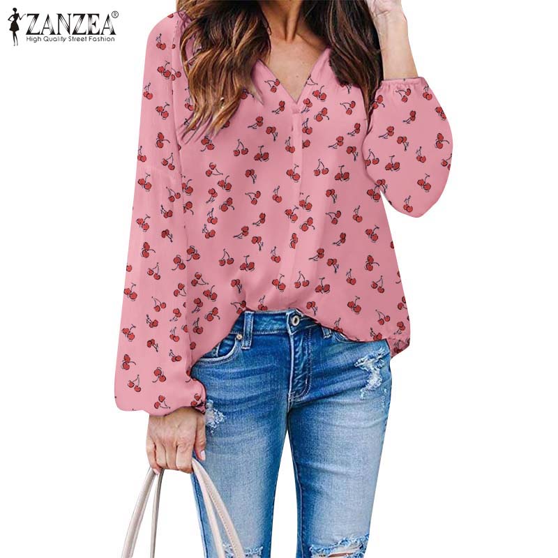 Zanzea Áo Sơ Mi Nữ Dài Tay Cổ Chữ V In Họa Tiết Quả Cherry Xinh Xắn