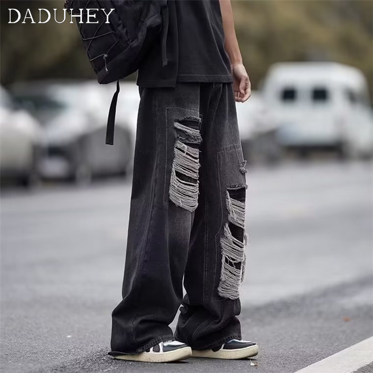 DaDuHey  2023 New Retro High Street High Waist Loose All-Match Ripped Jeans Men's and Women's Hong Kong Style Ins Hip Hop Trend Baggy Straight Casual Pants