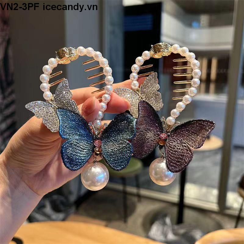 🥟ice🥟Kẹp Tóc Hình Bướm Đính Ngọc Trai Thời Trang Cho Nữ