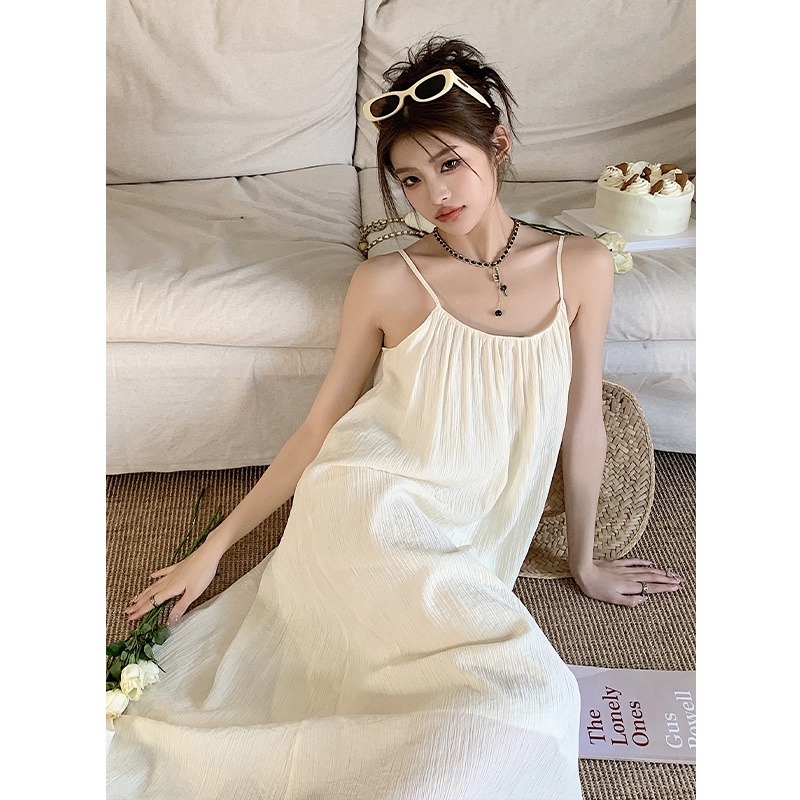 Đầm Hai Dây Dài Vừa Màu Trơn Đơn Giản Thời Trang Mùa Hè Mới Dành Cho Nữ