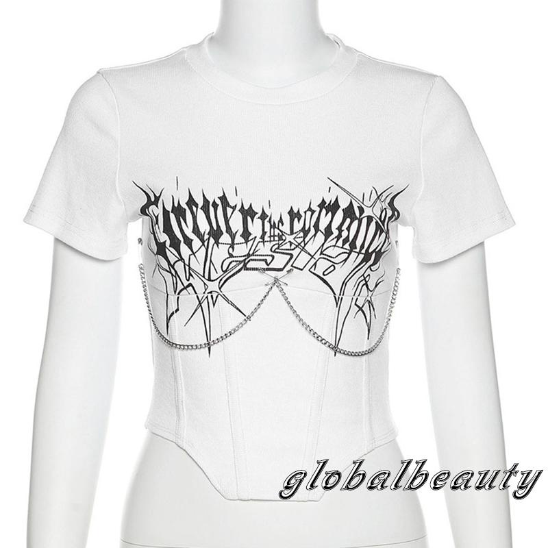 Áo Thun Croptop Tay Ngắn Cổ Tròn In Chữ Phối Dây Xích Kim Loại Ôm Dáng Cá Tính Cho Nữ