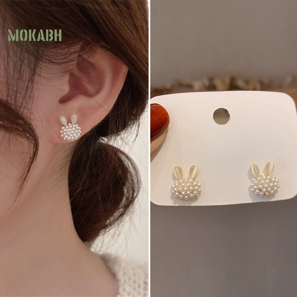 1 Đôi Bông Tai Hình Thỏ Đính Ngọc Trai Giả Thời Trang