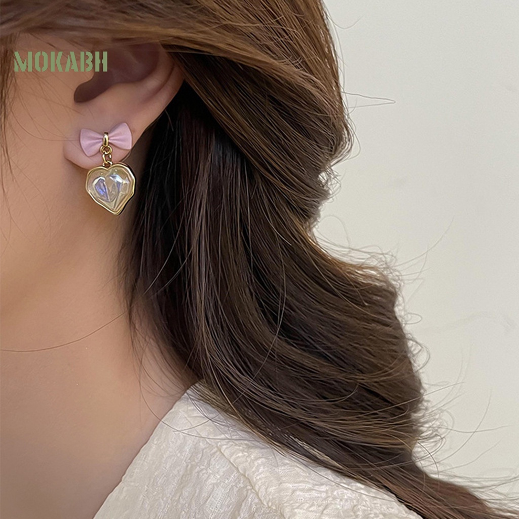 1 Đôi Bông Tai Hình Trái Tim Nơ Đính Ngọc Trai Nhân Tạo Lấp Lánh Sang Trọng