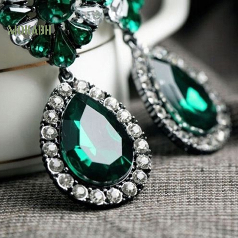 Bông Tai Đính Đá Hình Giọt Nước Họa Tiết Hoa Màu Xanh Lá Phong Cách Vintage Thời Trang