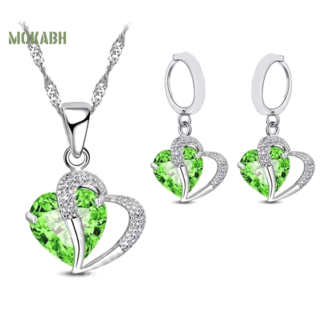 1 Bộ Vòng cổ + Bông Tai Đính Đá Zircon Hình Trái Tim Lấp Lánh