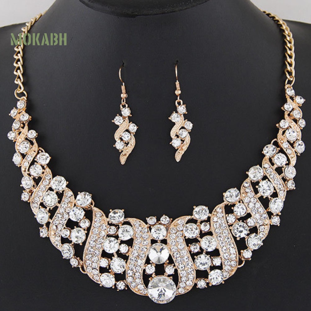 Bộ Vòng cổ + Bông Tai Đính Kim Cương Giả Sang Trọng Cho Nữ